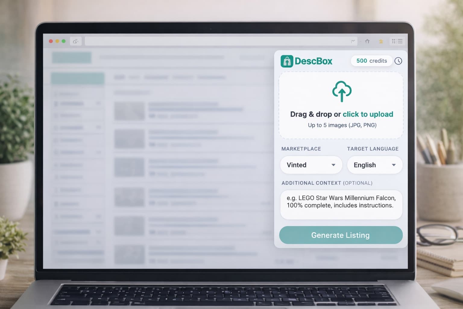 DescBox browser extension showing the listing generator popup on a laptop